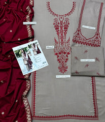Maahru 3 Pcs Embroidered Suit with Emb Shawl